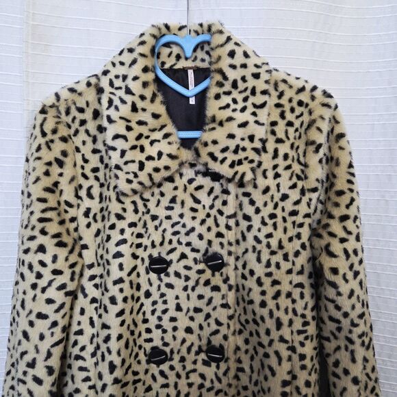 Free People Leopard Print Double Breasted Swing Coat Faux Fur Women's 4 - Picture 3 of 14